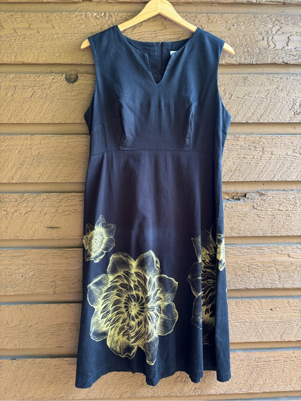 Sleeveless Black Dress with Gold Floral Print